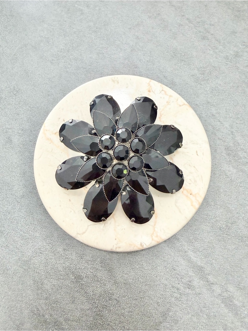 Large Black Faceted Large Flower Brooch Acrylic Layered Domed Gun Metal Tone